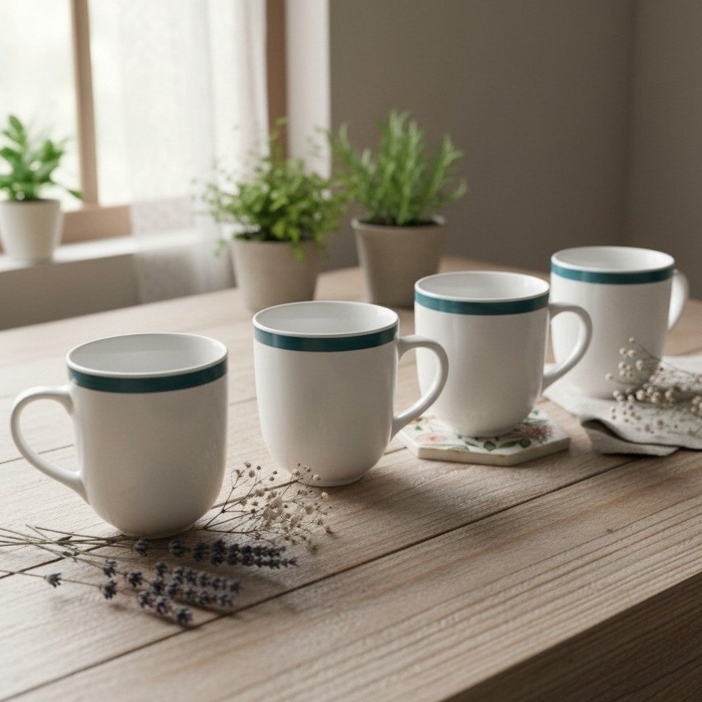 Gibson Everyday White & Green Band Coffee Cups, Set of 4, Vtg Ceramic Drinkware